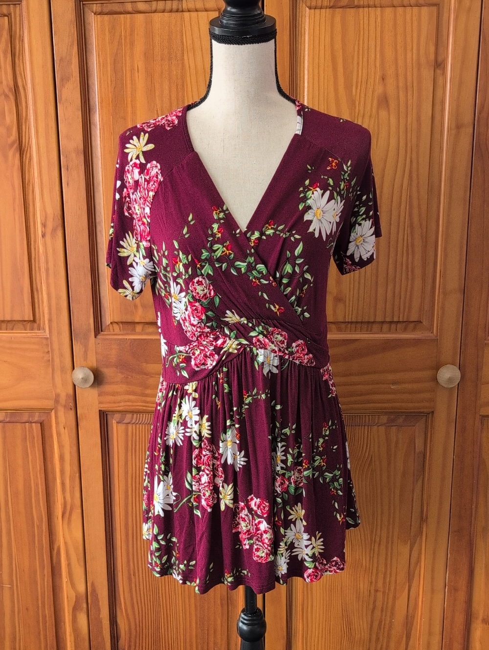 Floral Wrap V-Neck Burgundy Tunic Blouse Top L M513 - Picture 1 of 6